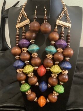 Multicolor Wooden Bead Statement Necklace and Earring Set